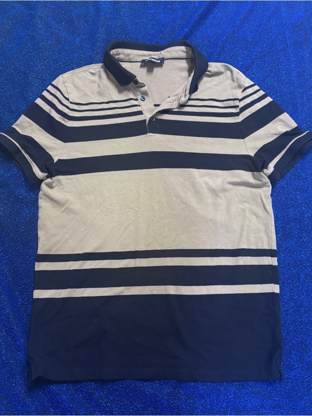 Express Men's Beige and Navy Striped Polo
